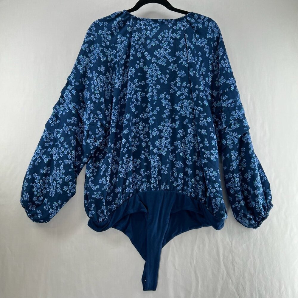 Draper James RSVP Ruffled Long Sleeve Bodysuit Size 2X Button Front Floral Blue - Picture 2 of 12